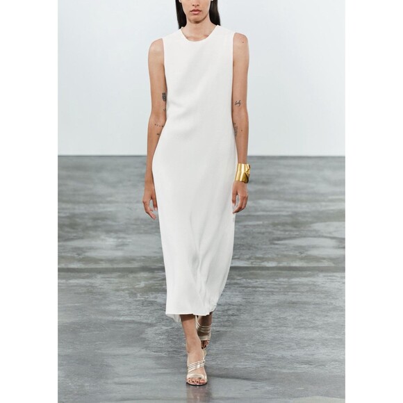 ZARA WOMEN LINEN BLEND MIDI DRESS ZW COLLECTION OYSTER WHITE LARGE 8135/100 - Picture 2 of 16